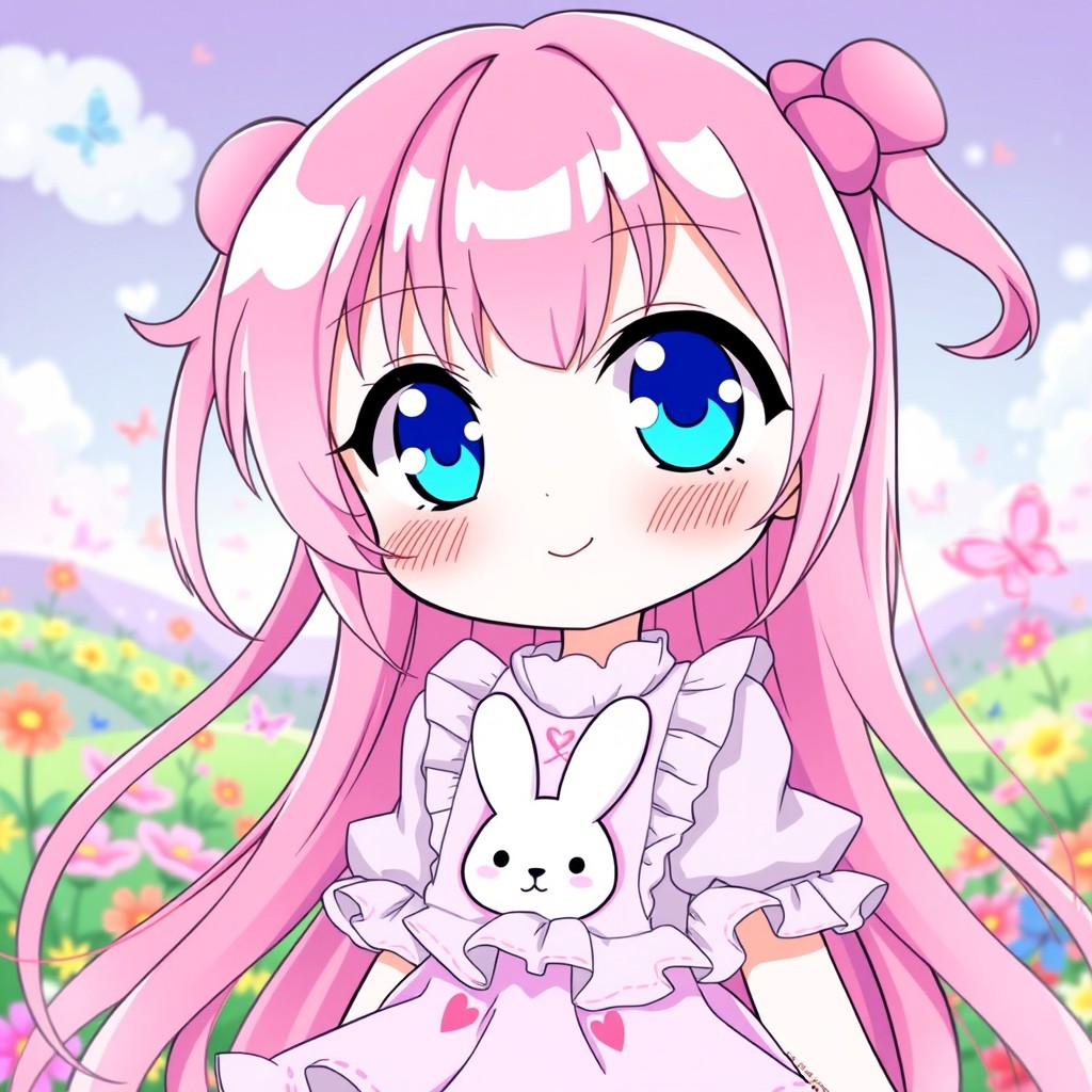 A cute anime girl with large, sparkling blue eyes and long, flowing pink hair