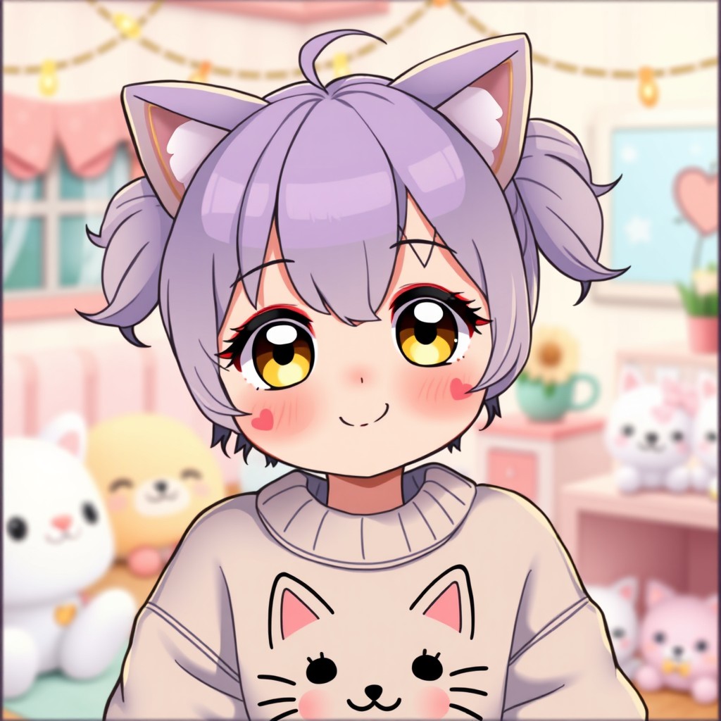 A kawaii UWU girl with big, round yellow eyes and short, fluffy lavender hair styled in pigtails