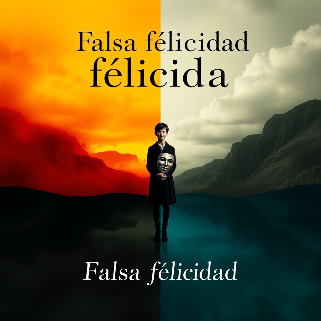 a book cover for a novel titled 'Falsa felicidad', featuring a dramatic and captivating design