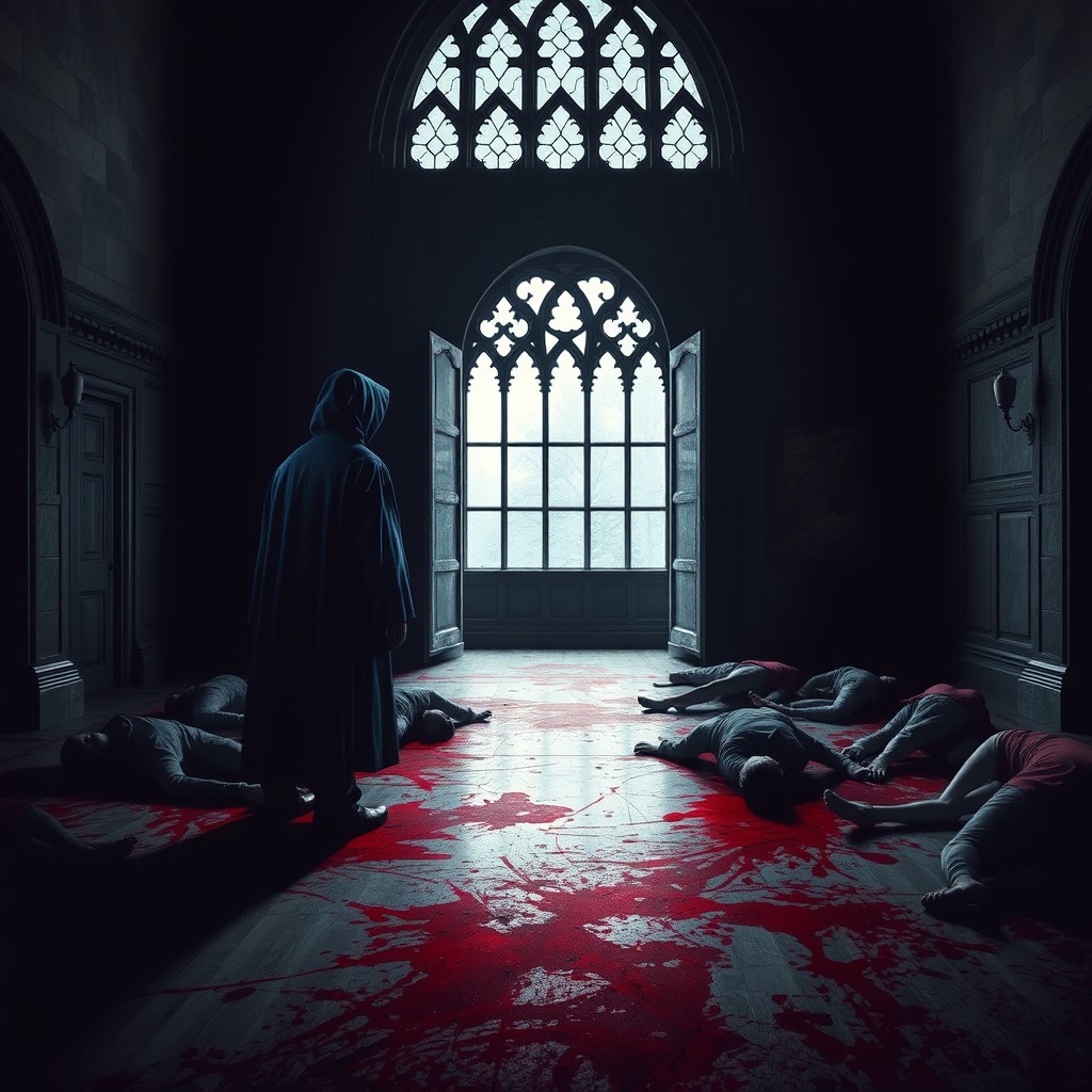 A dark castle hall with a floor stained in blood, at the opposite side of a grand window stands a killer cloaked in a dark blue robe with a hood, gazing out at the snow falling outside
