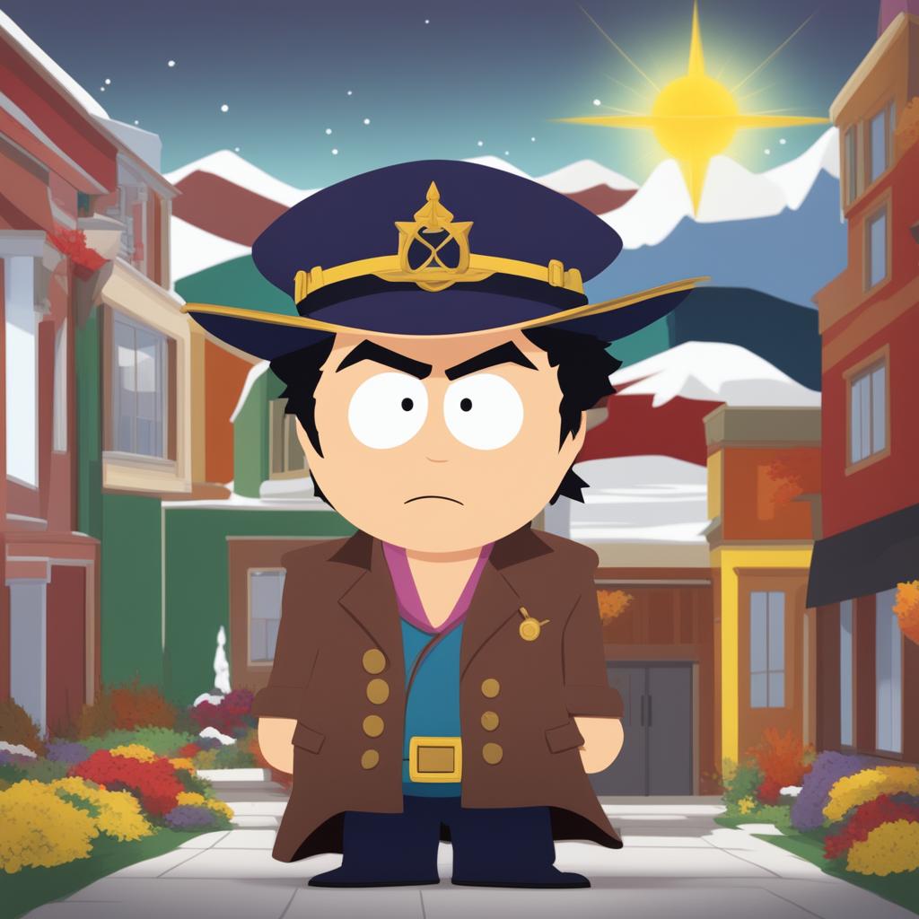 A digital art image depicting Jotaro Kujo in a more pronounced South Park style