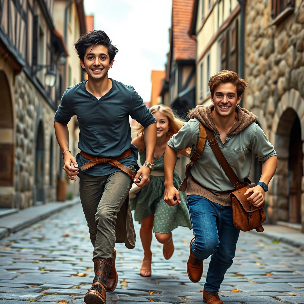 A young man with gray eyes and black hair, sporting a pleasant smile, is running down the street of a medieval European town, holding the left hand of a beautiful gray-eyed blonde girl