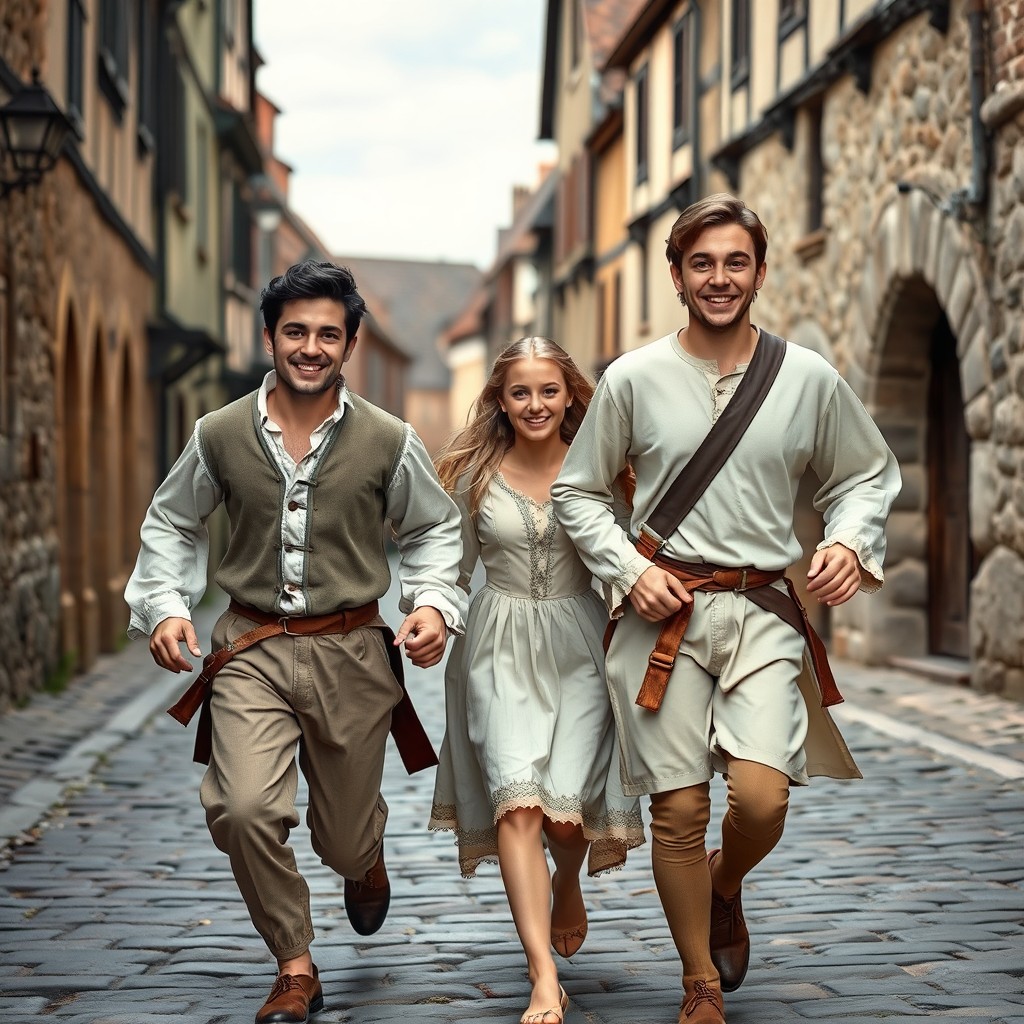 A gray-eyed young man with black hair and a pleasant smile is running down the street of a medieval European town, holding the left hand of a beautiful gray-eyed blonde girl