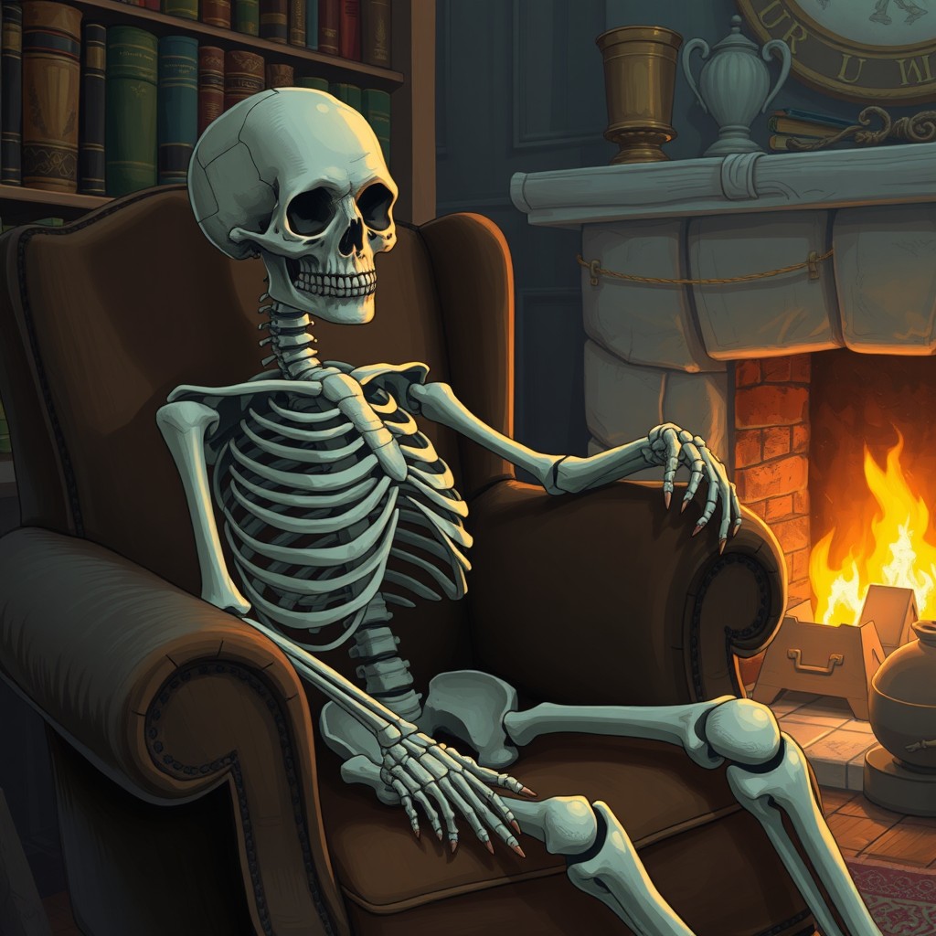 A detailed illustration of a skeleton sitting in a relaxed pose, its bones intricately designed and emphasized
