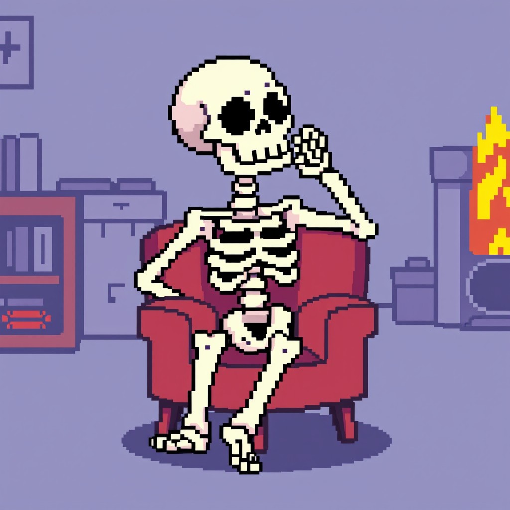 A pixel art illustration of a skeleton sitting in a relaxed pose