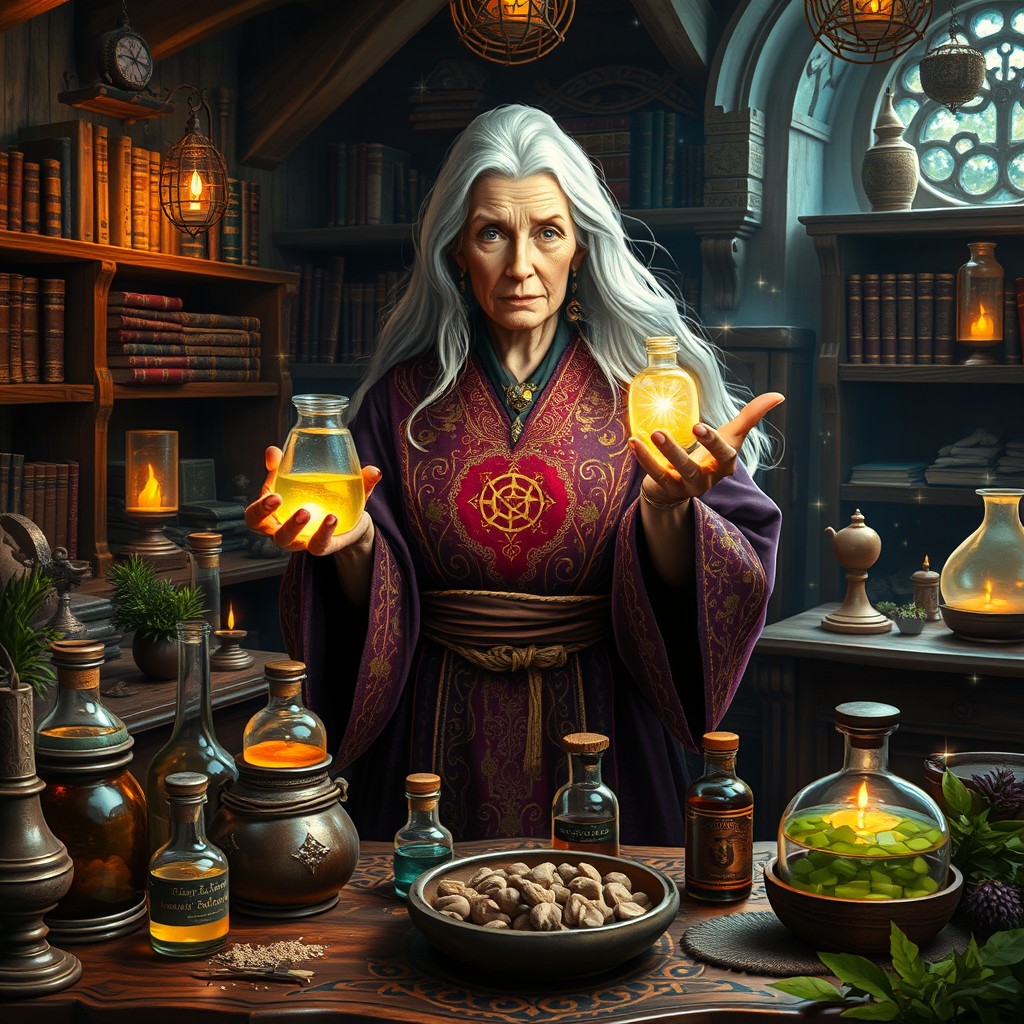 A mystical merchant healer in an enchanting fantasy setting, surrounded by an array of magical potions and herbs
