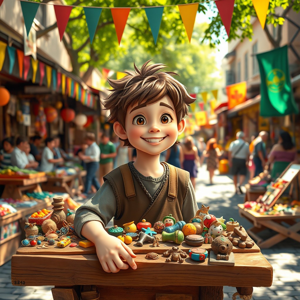A young merchant boy bustling in a lively marketplace, showcasing his handmade trinkets and colorful wares spread out on a rustic wooden stall