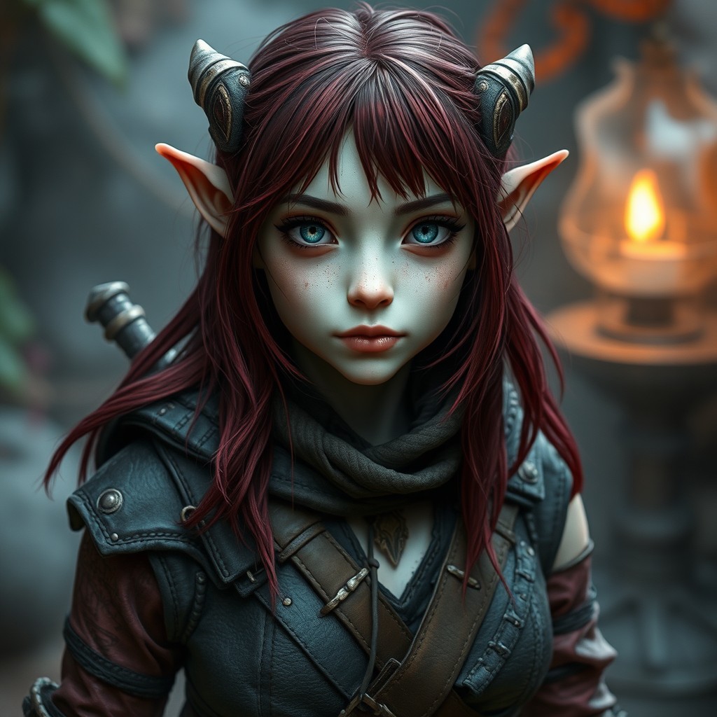 A small tiefling woman with maroon hair and pale skin, featuring striking blue and grey eyes