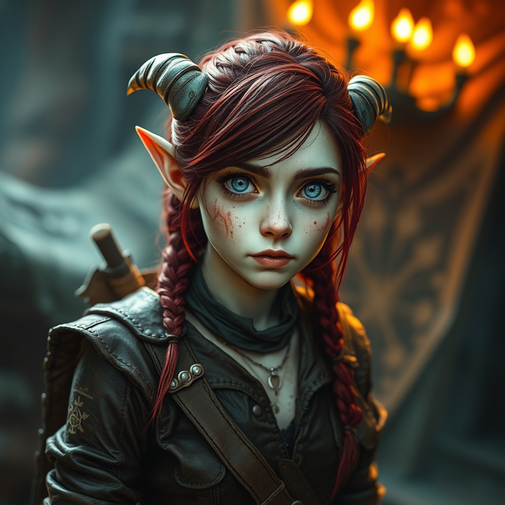 A small tiefling woman, approximately 20 years old, with maroon hair and pale skin, featuring striking blue and grey eyes