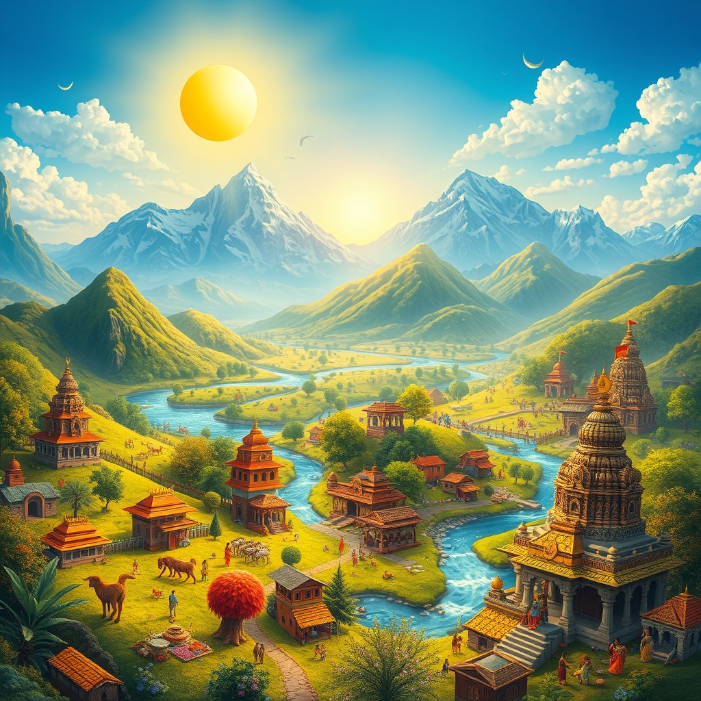 A vibrant and mystical depiction of Prithvi Lok, the earthly realm in Hindu mythology