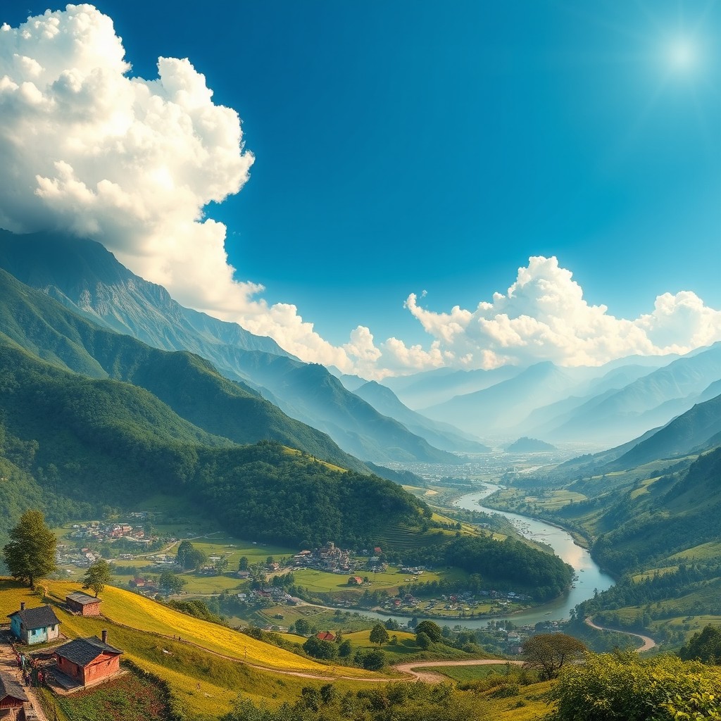 An expansive and beautiful depiction of Prithvi Lok, showcasing lush green landscapes, majestic mountains, vibrant flora, and fauna harmoniously living together