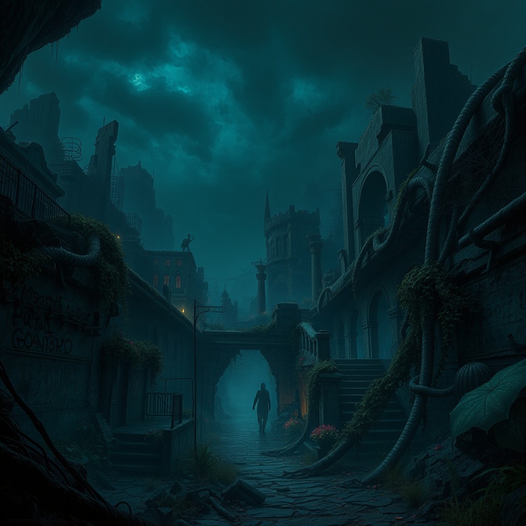 A dark, atmospheric scene inspired by the concept of 'Patal Lok', depicting an underground world filled with diverse landscapes and creatures