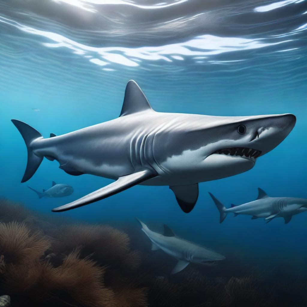 A stunning hyper-realistic digital art piece, showcasing a unique concept of 'Hairy Sharks'