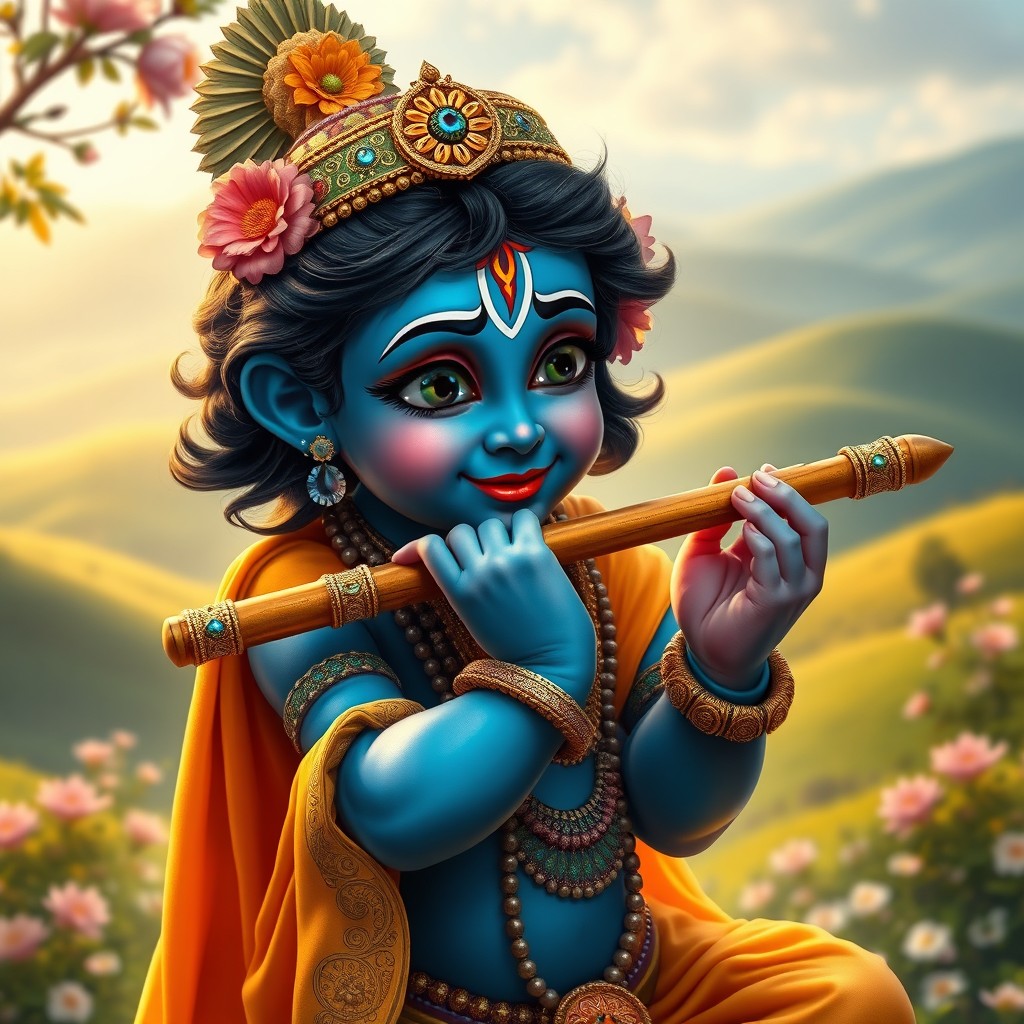 A vibrant and captivating depiction of Krishna, adorned in traditional attire with intricate details, playing the flute