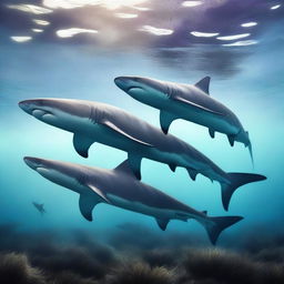 A stunning hyper-realistic digital art piece, showcasing a unique concept of 'Hairy Sharks'