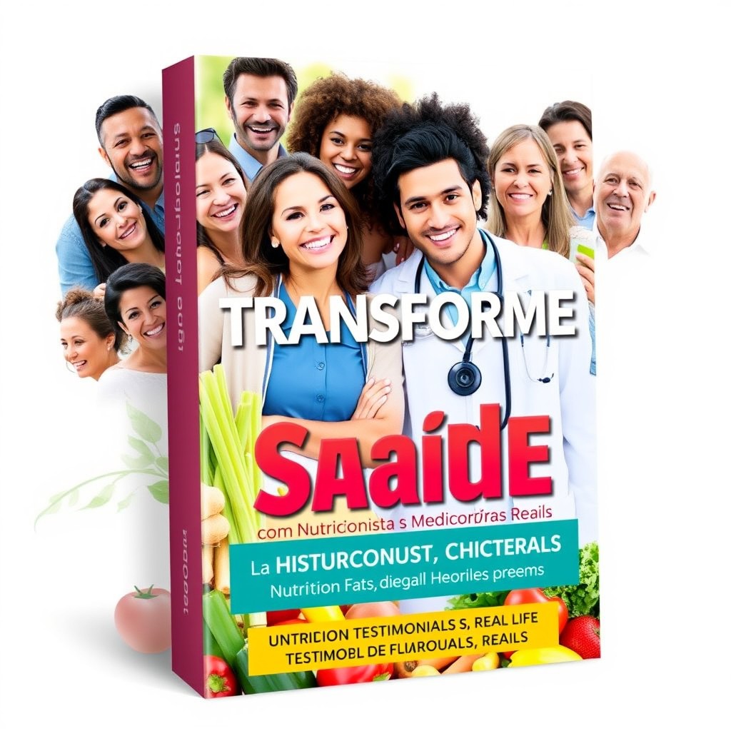 A vibrant and engaging cover for an ebook titled 'Transforme Sua Saúde com Nutricionista, Médico e Histórias Reais'