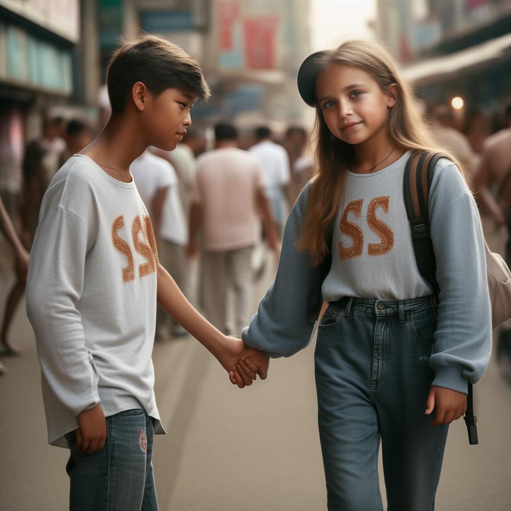 A touching image of a boy and girl, over the age of 15, making eye contact and holding hands on a bustling road, wearing clothes embellished with the letter 'S'.