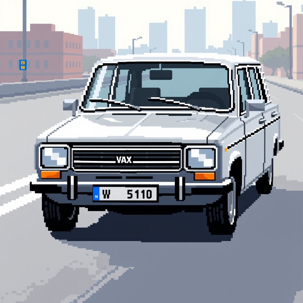 A pixel art representation of a silver VAZ 2110 car, showcasing its distinctive features in a retro style