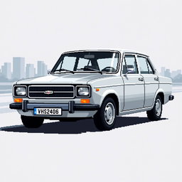 A pixel art representation of a silver VAZ 2110 car, showcasing its distinctive features in a retro style