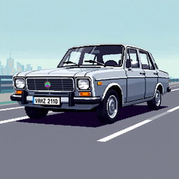 A pixel art representation of a silver VAZ 2110 car, showcasing its distinctive features in a retro style
