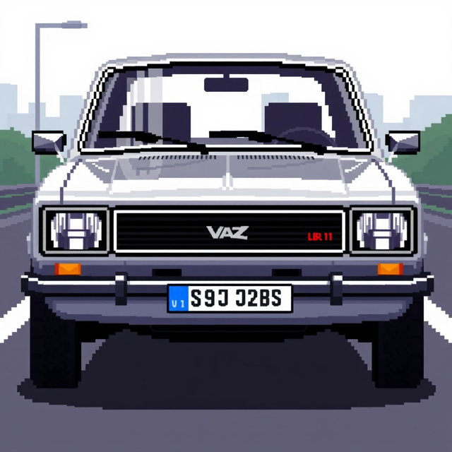 A pixel art representation of a silver VAZ 2110 car, showcasing its distinctive features in a retro style