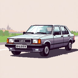 A pixel art representation of a silver Lada 21102 car, highlighting its unique features in a nostalgic retro style