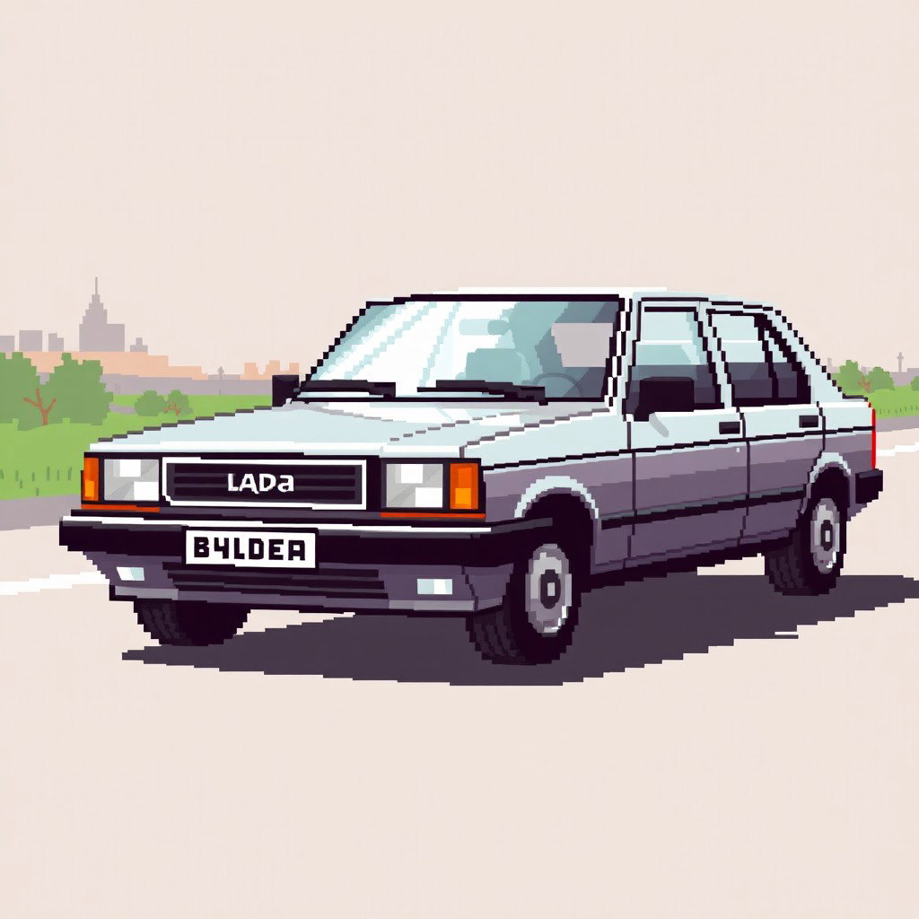 A pixel art representation of a silver Lada 21102 car, highlighting its unique features in a nostalgic retro style