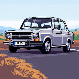 A pixel art representation of a silver Lada 21102 car, highlighting its unique features in a nostalgic retro style