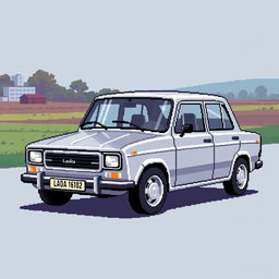 A pixel art representation of a silver Lada 21102 car, highlighting its unique features in a nostalgic retro style