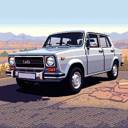 A pixel art representation of a silver Lada 21102 car, highlighting its unique features in a nostalgic retro style