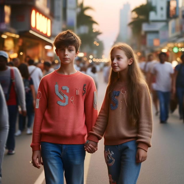 A touching image of a boy and girl, over the age of 15, making eye contact and holding hands on a bustling road, wearing clothes embellished with the letter 'S'.