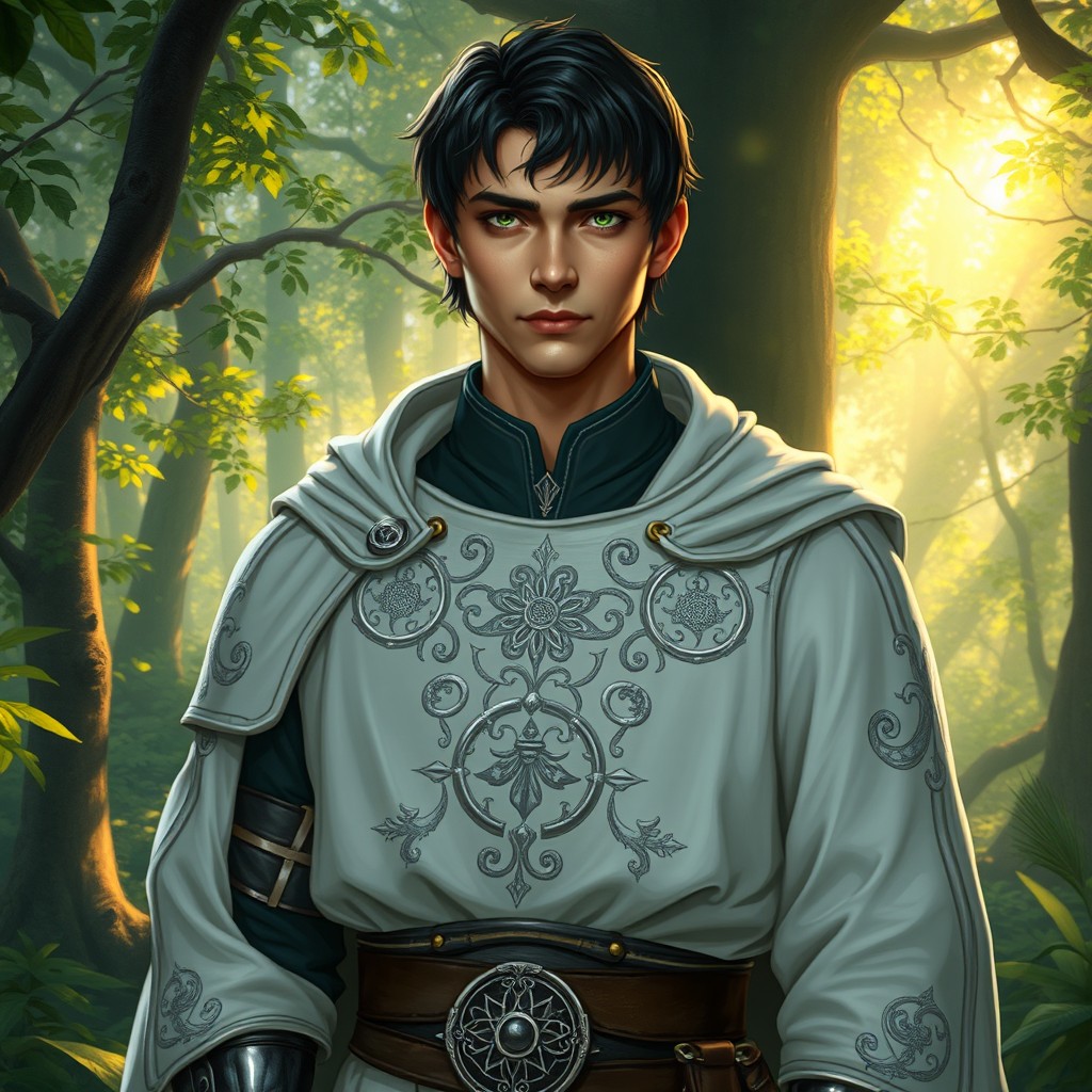 A male D&D character, a priest of the Life Domain, featuring short dark hair and swampy green eyes