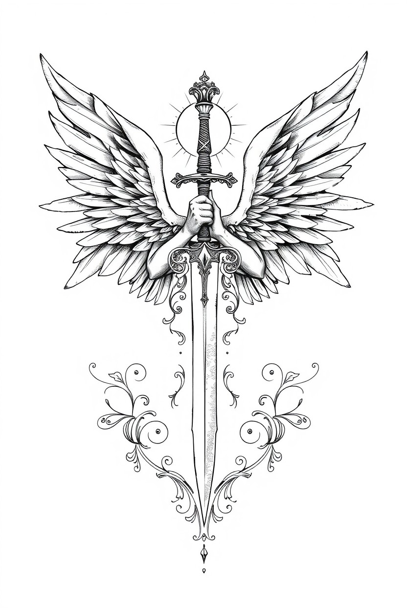 An intricate and sophisticated tattoo style sketch depicting a majestic archangel with large, elegant wings