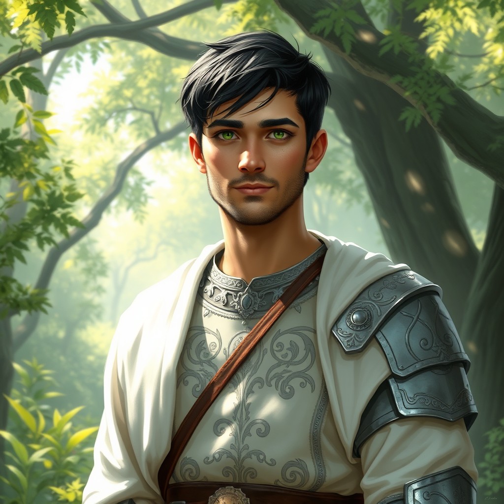 A 27-year-old male D&D character, a priest of the Life Domain, with short dark hair and swampy green eyes