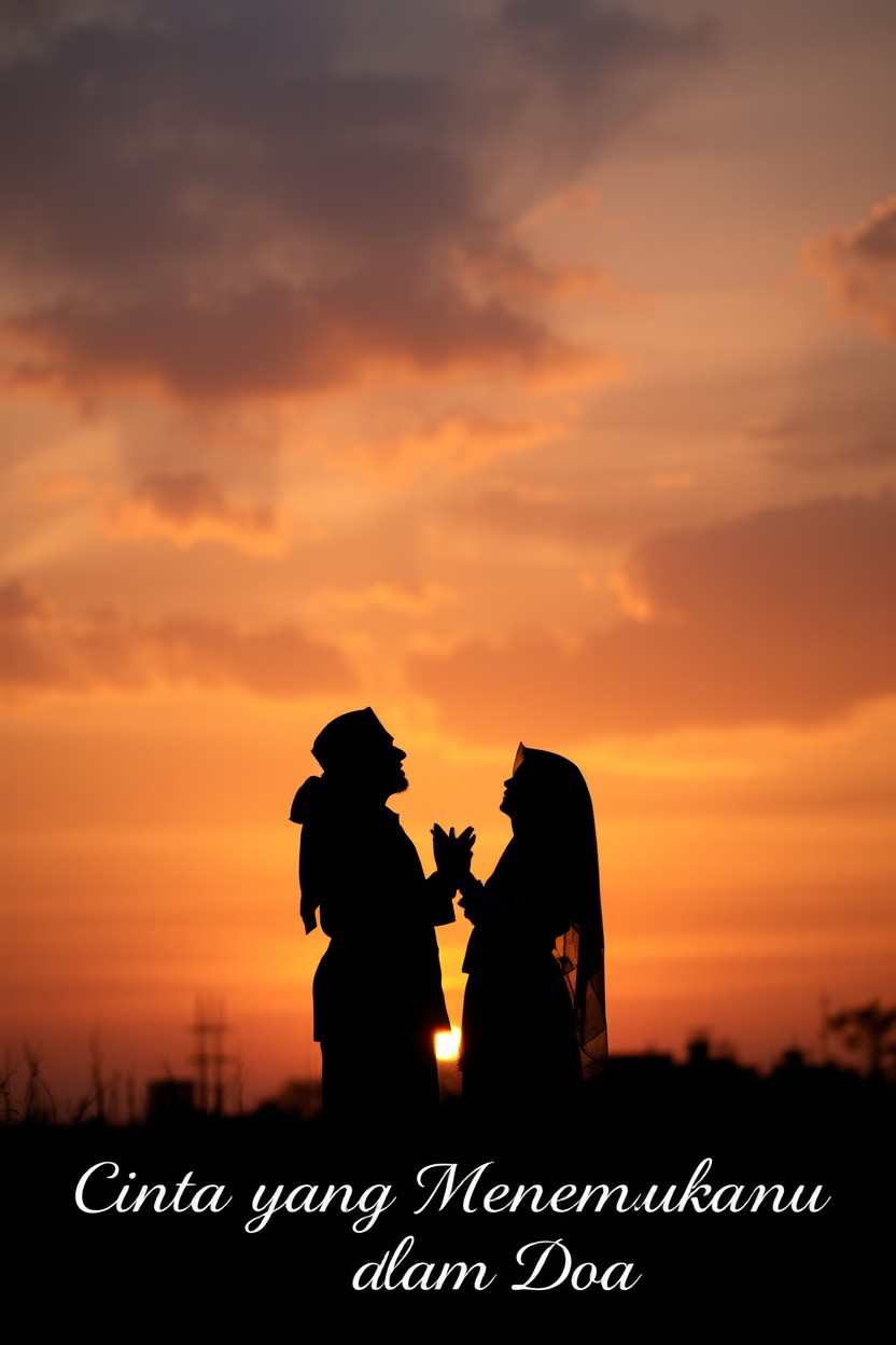 A romantic Islamic theme titled 'Cinta yang Menemukanmu dalam Doa', featuring a soft and romantic silhouette scene during sunset