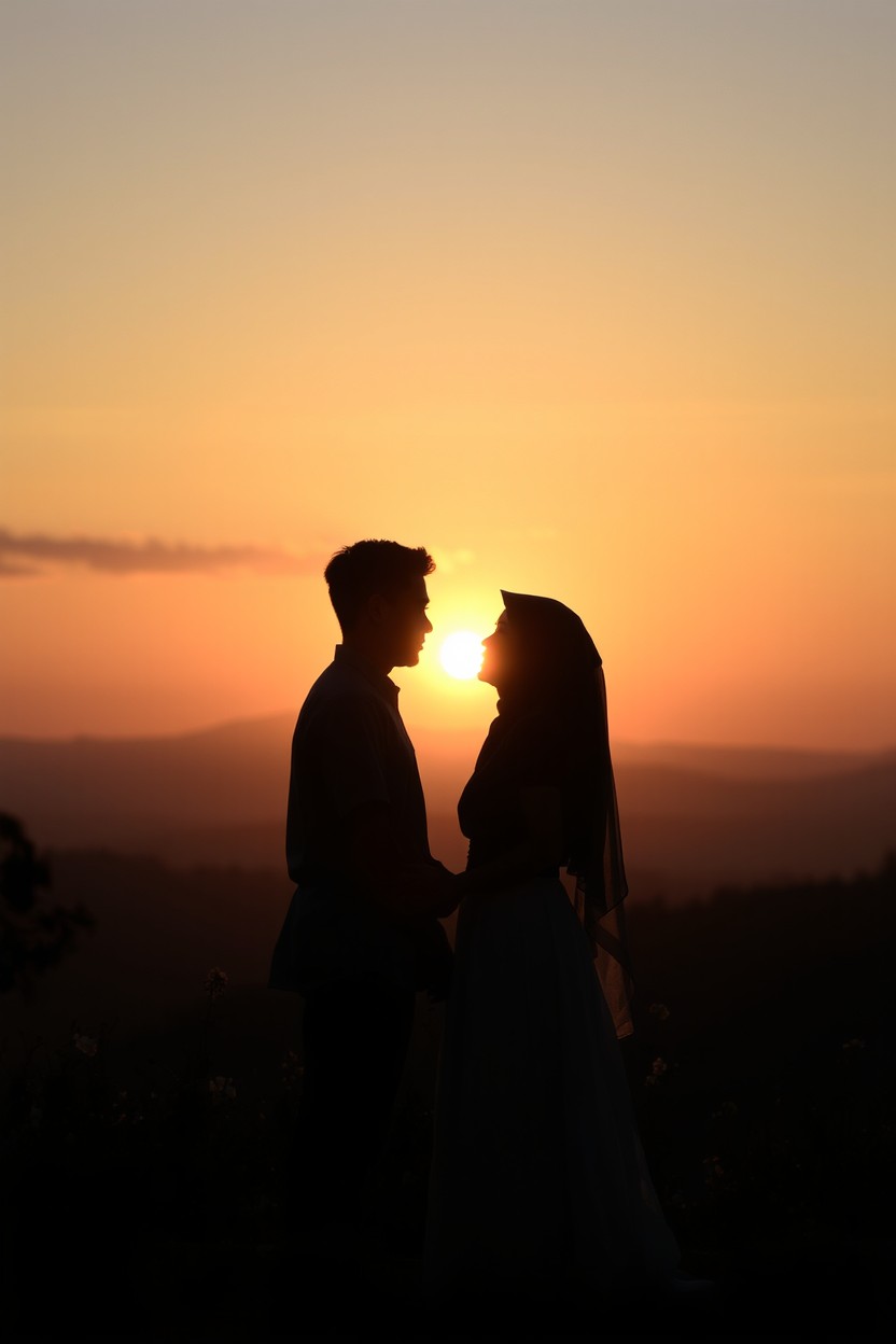 A romantic Islamic scene titled 'Cinta yang Menemukanmu dalam Doa', featuring a soft and gentle silhouette of a couple in love, set against a breathtaking sunset