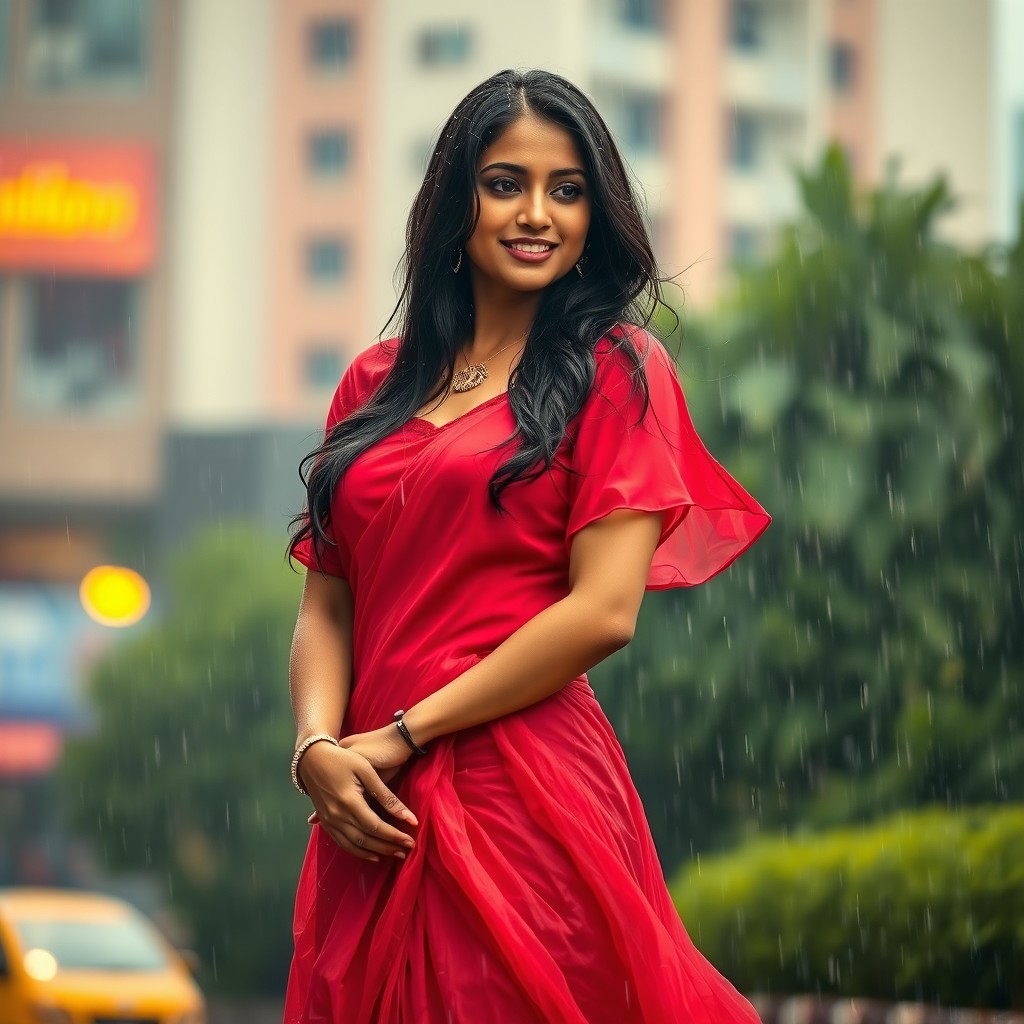 A beautiful Indian woman standing in the rain wearing a vibrant red blouse and a flowing, elegant petticoat, her hair glistening with raindrops