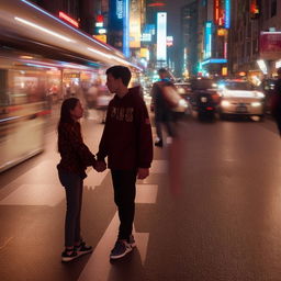 A touching image of a boy and girl, over the age of 15, making eye contact and holding hands on a bustling road, wearing clothes embellished with the letter 'S'.