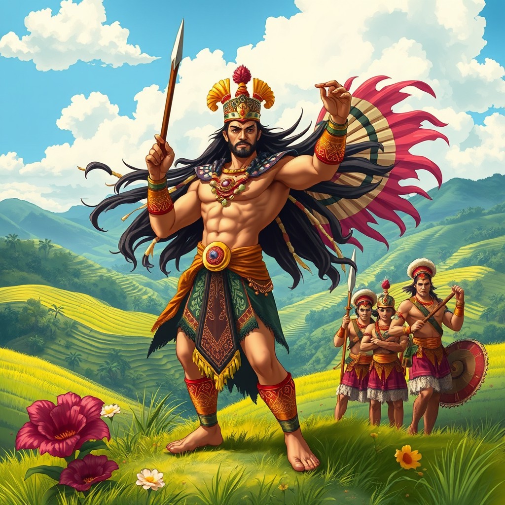 A vibrant and detailed illustration of Aliguyon, the legendary warrior from Philippine mythology, standing heroically in a lush landscape