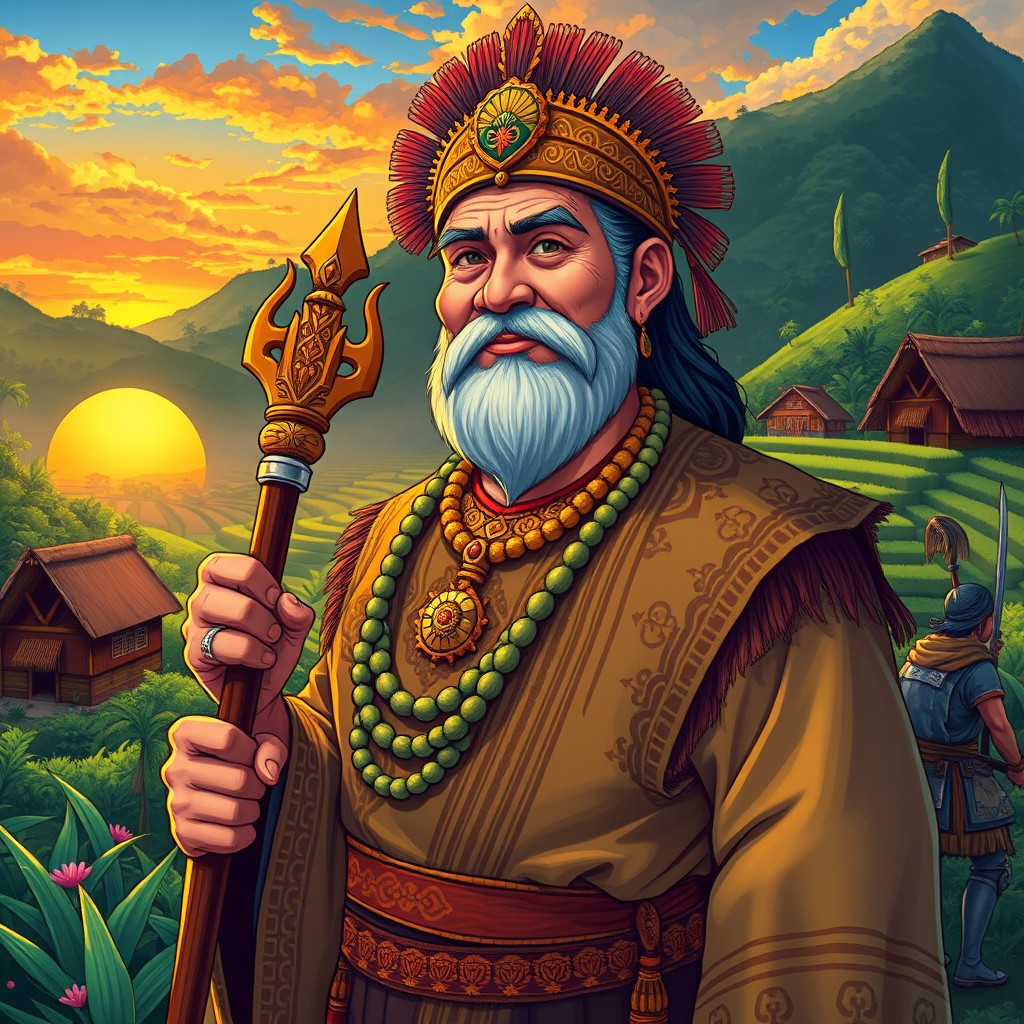 A vibrant and detailed illustration of the father of Aliguyon, a noble chieftain from Philippine mythology, depicted as a wise and formidable figure