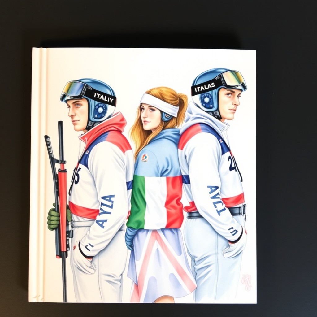 A watercolor book cover featuring two male biathletes from Italy, standing back to back in a slight turn towards each other