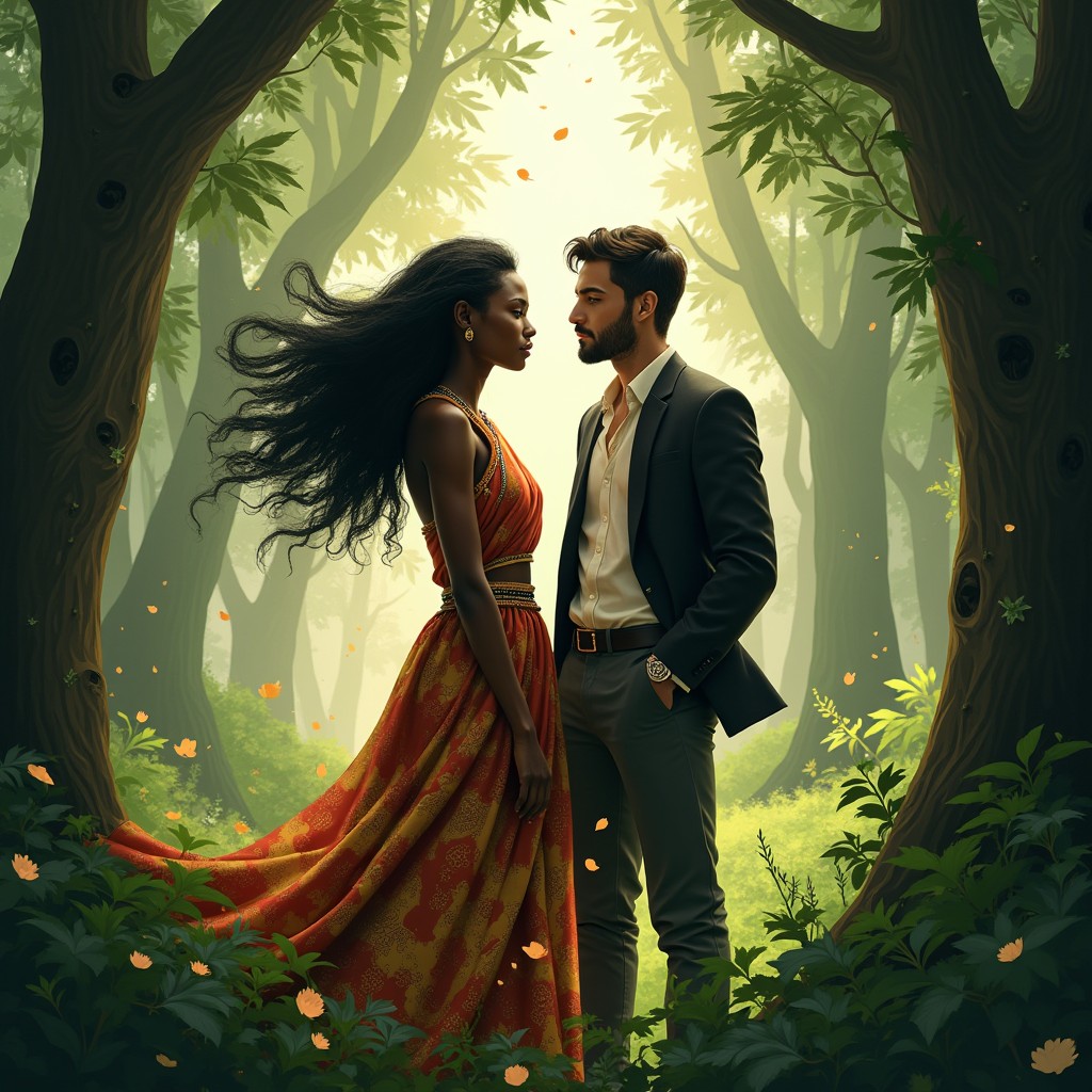 A mystical scene featuring Eyong, a young African woman in her thirties with long, flowing black hair, dressed in vibrant traditional attire adorned with intricate patterns