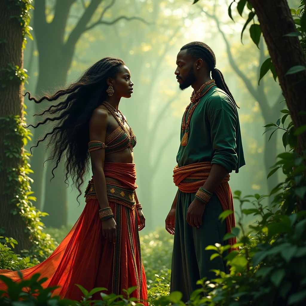 A powerful scene depicting Eyong, a young African woman in her thirties with long, flowing black hair, dressed in striking traditional attire rich with cultural symbolism and vibrant colors