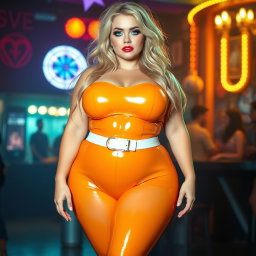 A full-length photograph of an ultra-curvy woman with an exaggerated hourglass figure, featuring extremely wide and thick curvy hips, huge round barrel-shaped thighs, and plump legs