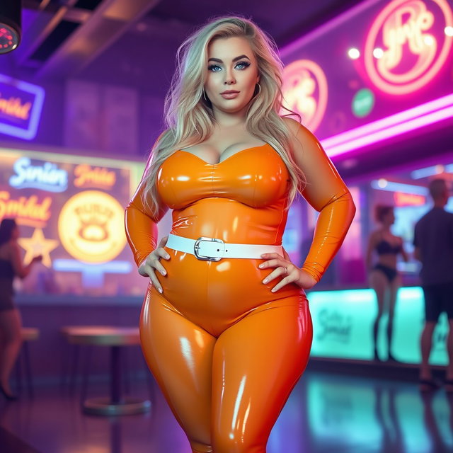 A full-length photograph of an ultra-curvy woman with an exaggerated hourglass figure, featuring extremely wide and thick curvy hips, huge round barrel-shaped thighs, and plump legs