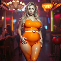 A full-length photograph of an ultra-curvy young woman with an exaggerated hourglass shape, featuring ultra-wide thick curvy hips and huge round barrel-shaped thighs
