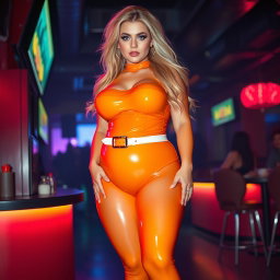 A full-length photograph of an ultra-curvy young woman with an exaggerated hourglass shape, featuring ultra-wide thick curvy hips and huge round barrel-shaped thighs