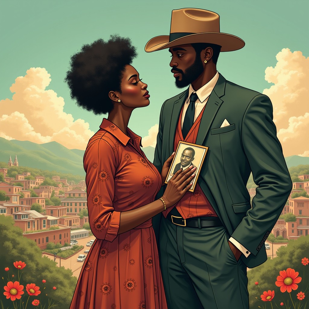 A poignant scene capturing the essence of 'Shadows of Love and Legacy', featuring two very large characters who are African in descent, dressed in stylish western attire that symbolizes their cultural journey and adaptation