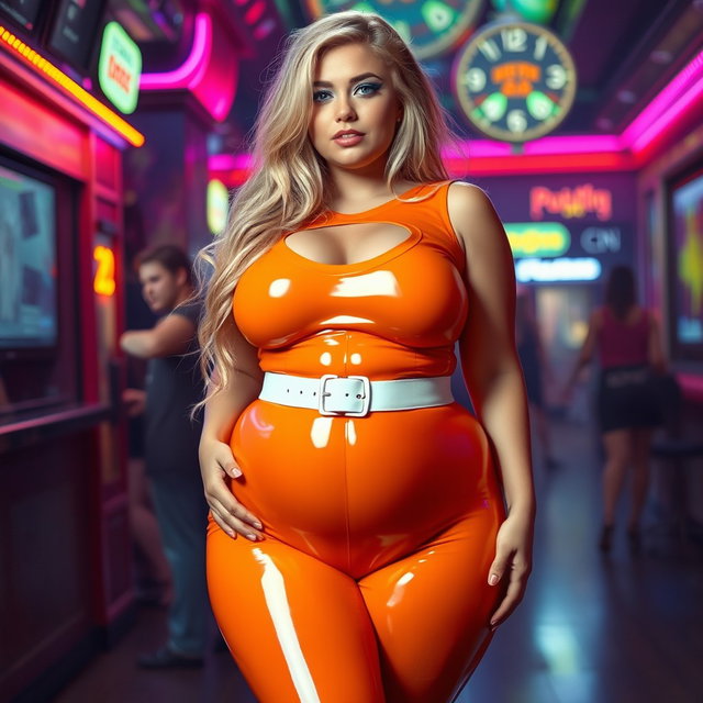 A full-length photograph of an ultra-curvy young woman with an exaggerated hourglass shape, showcasing ultra-wide thick curvy hips and huge round barrel-shaped thighs