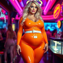 A full-length photograph of an ultra-curvy, exaggerated hourglass-shaped woman with wide, thick hips, barrel-shaped thighs, and plump legs